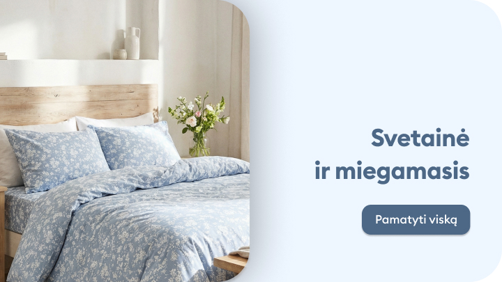 Namų interjero įkvėpimas, pristatantis miegamojo ir svetainės tekstilę bei raginantis peržiūrėti visą asortimentą.