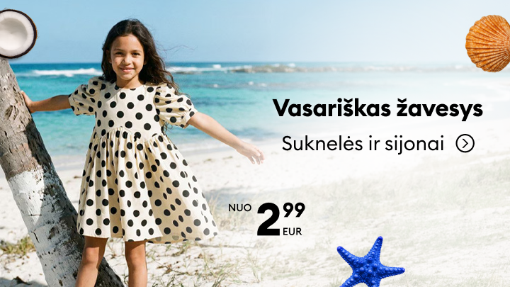 Reklaminis baneris, kviečiantis pirkti vasariškas sukneles ir sijonus vaikams už akcijinę kainą nuo 2,99 EUR.