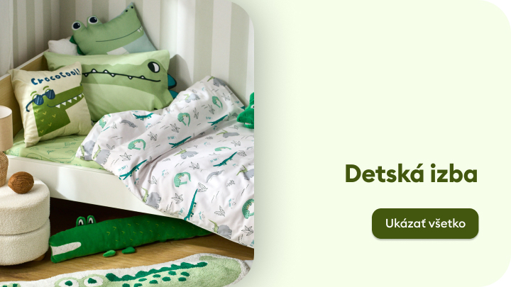 Detská izba s posteľou, dekoráciami a posteľnou bielizňou s motívom krokodílov. Priestor je hravý, vhodný pre deti a ladený do témy zvierat. Odkazuje na prehliadnutie celej ponuky produktov.