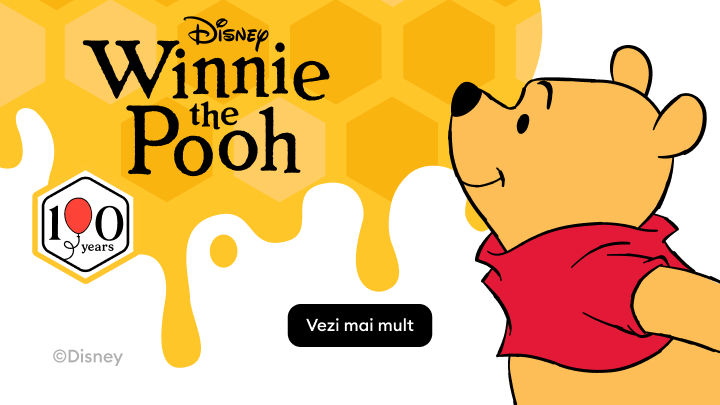 Banner promoțional pentru aniversarea de 100 de ani Winnie the Pooh de la Disney, destinat promovării colecției și invitării utilizatorului să afle mai multe.