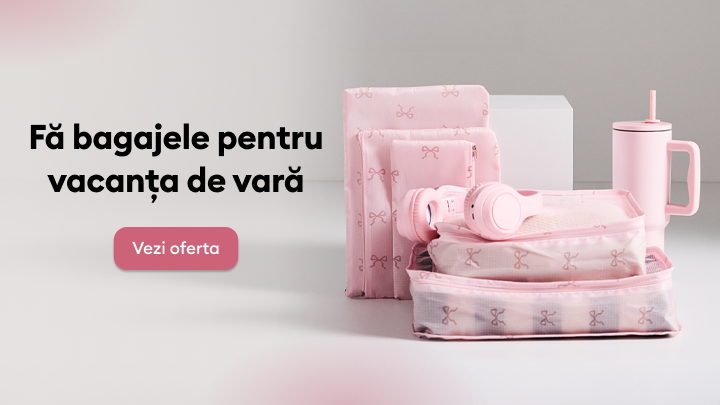 Promovare ofertă pentru pregătirea bagajelor de vacanță de vară, evidențiind accesorii de călătorie pentru organizare și confort și încurajând explorarea ofertei.