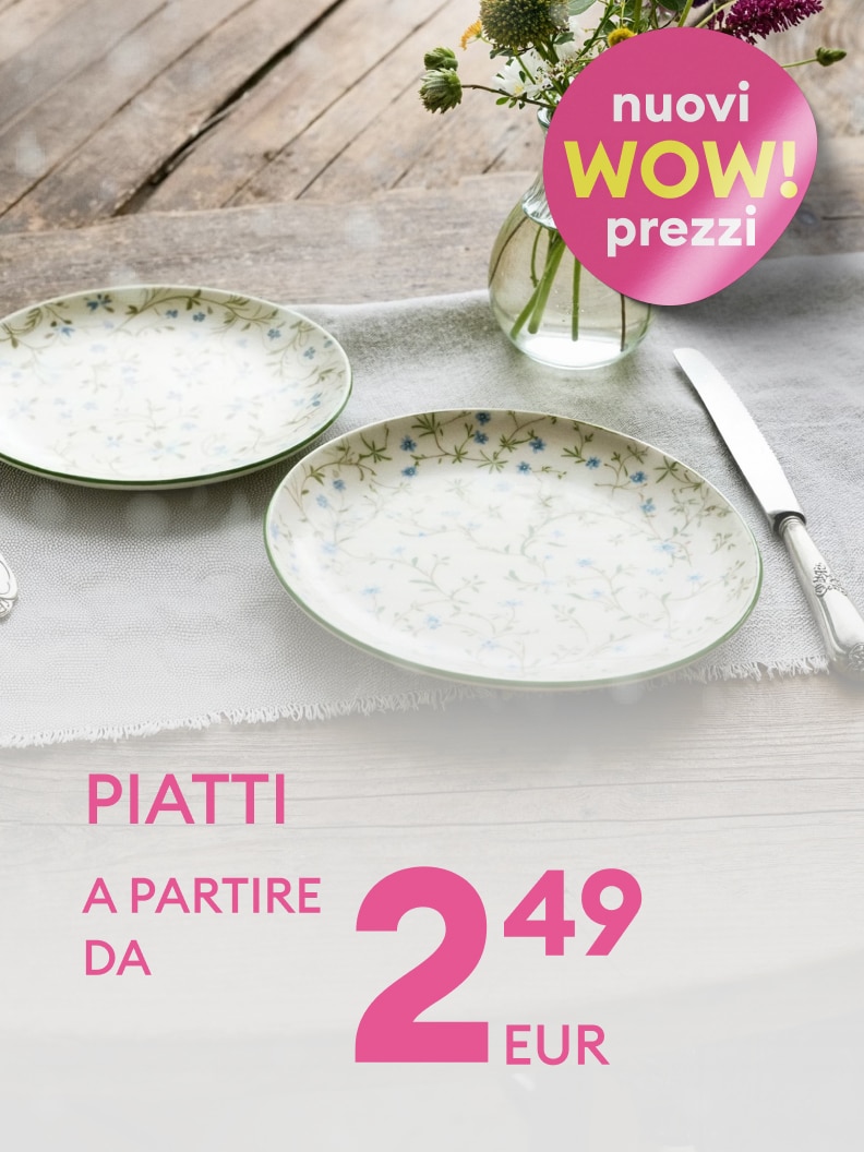 Piatti decorativi disponibili a partire da 2,49 euro. Promozione con nuovi prezzi WOW! Perfetti per arricchire la tua tavola e aggiungere un tocco di eleganza. Scopri ora la nuova offerta e rinnova il look del tuo servizio da pranzo.