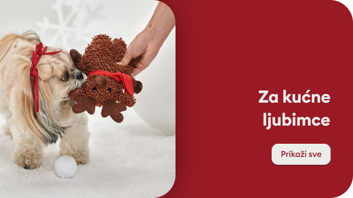 Pas sedi na tepihu u dnevnoj sobi držeći igračku u obliku lavčeta u šapama. Pored njega se nalazi naslov „Za kućne ljubimce“, uz dugme sa tekstom „Prikaži sve“. Ponuda je namenjena vlasnicima kućnih ljubimaca. banner