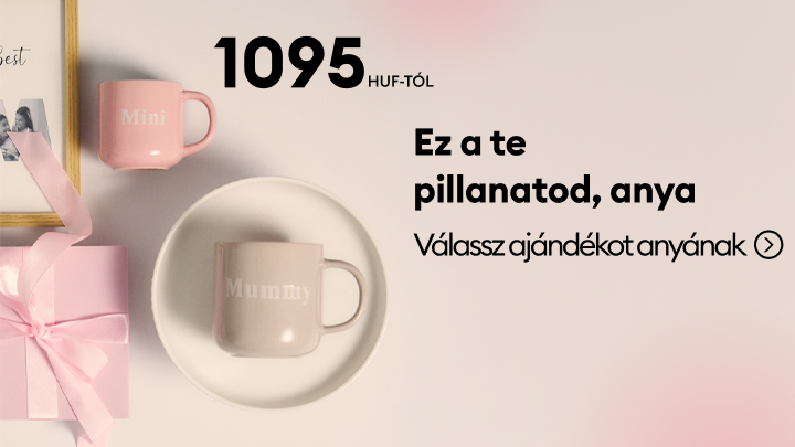 Anyák napjára szóló ajándékötlet bemutatása: egymáshoz illő anya–gyermek bögrék, a felhasználót ajándékválasztásra és vásárlásra ösztönözve.