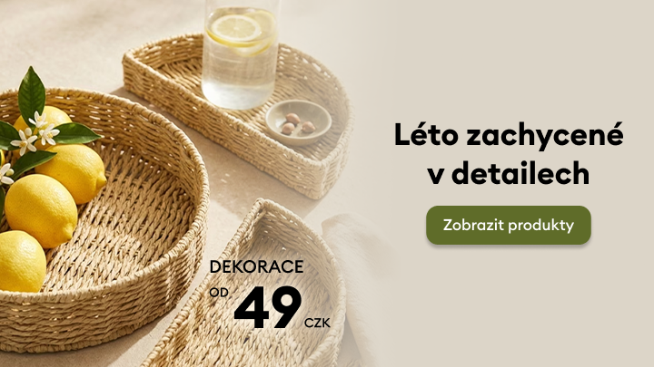 Propagace letní kolekce bytových dekorací, poskytuje inspiraci a vyzývá k prohlížení dostupných produktů.