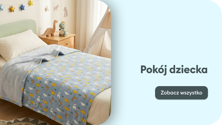 Promocja kategorii produktów do pokoju dziecka, zachęcająca do przeglądania inspiracji i akcesoriów do stworzenia przyjaznej, funkcjonalnej przestrzeni dla dzieci.