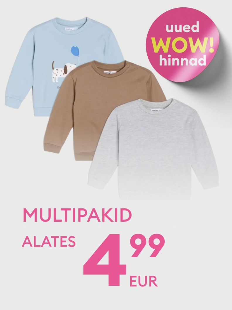 Mitmeosaline pakkumine laste rõivastele. Saadaval uued WOW-hinnad alates 4,99 eurot. Sobib igapäevaseks kandmiseks, mugavad ja kvaliteetsed.