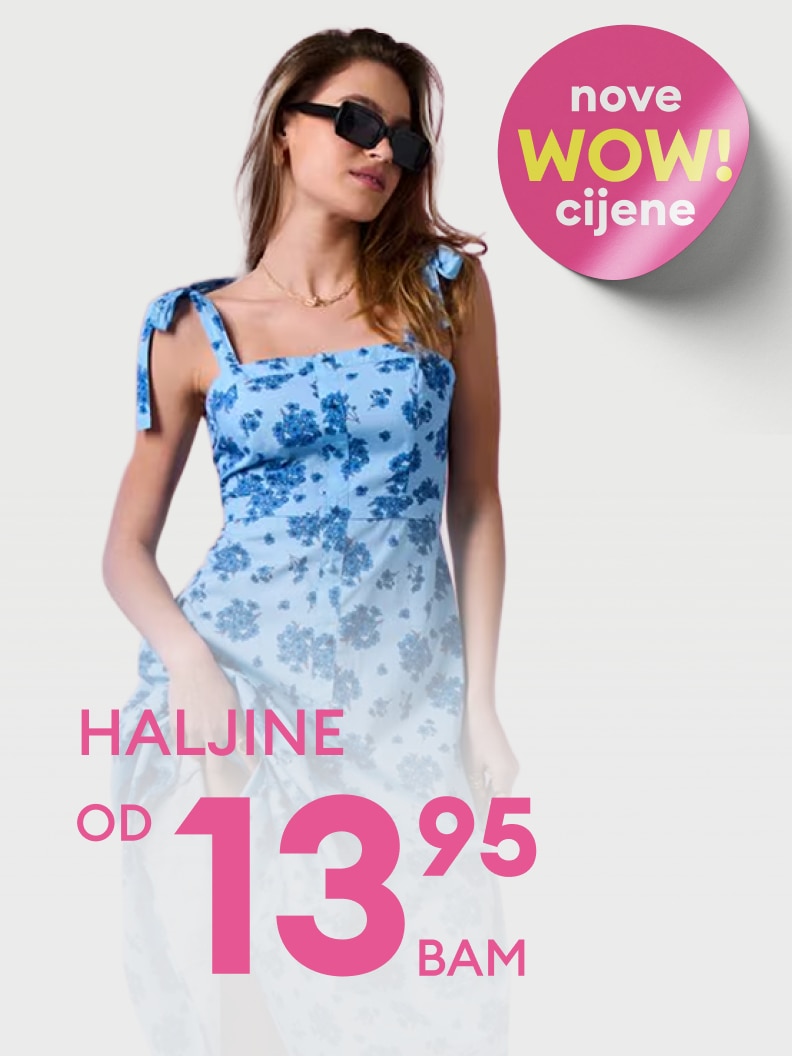 Promotivna poruka o sniženim cijenama ženskih haljina, s naglaskom na nove povoljne ponude i nisku početnu cijenu.