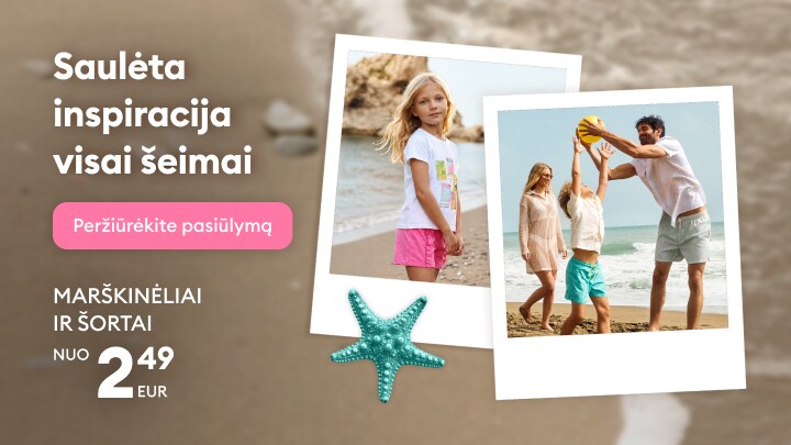 Vasaros drabužių pasiūlymai visai šeimai – marškinėliai ir šortai laisvalaikiui bei poilsiui prie jūros