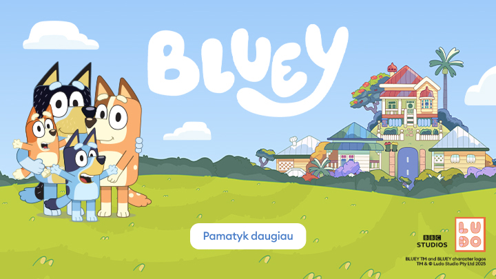 „Bluey“ – linksmas animacinis serialas apie mielą šuniuką Bluey, jos šeimą ir nuotykius. Mėgaukitės istorijomis, skatinančiomis kūribiškumą, šeimyniškumą ir žaidimų džiaugsmą. Spustelkite „Pamatyk daugiau“ ir atraskite daugiau istorijų apie Bluey pasaulį.