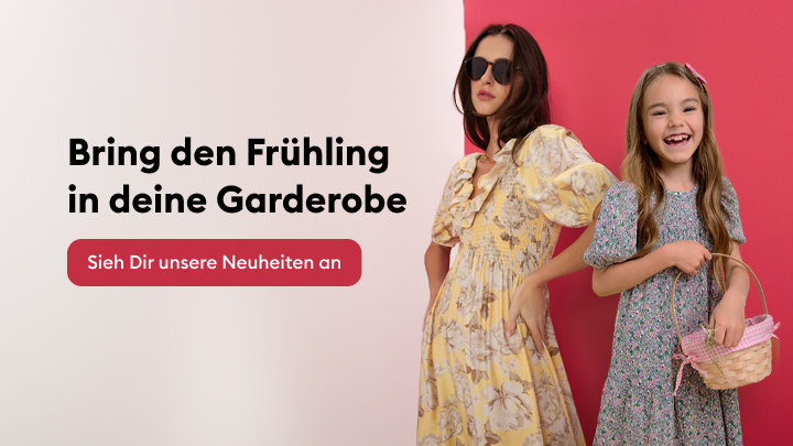 Werbebanner zur Bewerbung einer Frühlingskollektion mit Kleidern und Accessoires und zur Einladung, neue Modeartikel zu entdecken.