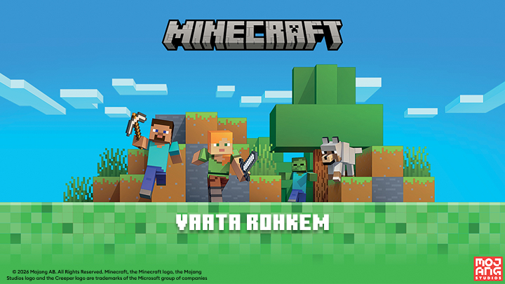 Minecrafti mängu tutvustav reklaampilt, mis kutsub kasutajat avastama, ehitama ja seiklema ning mängu kohta rohkem teavet saama.