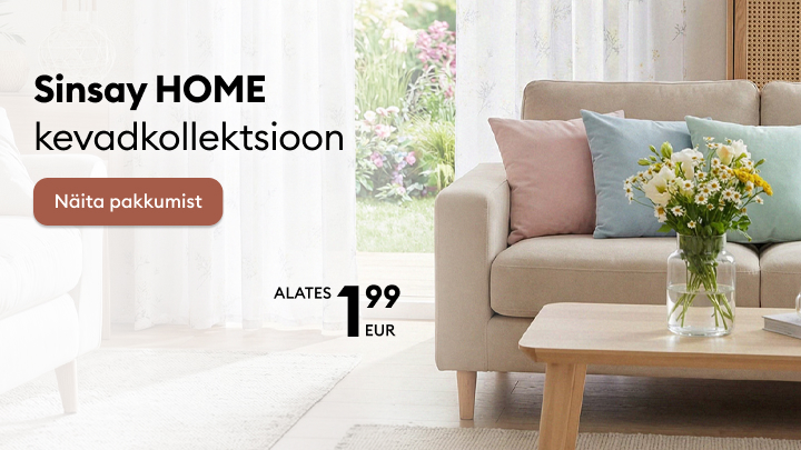 Sinsay HOME kevadise kodukauba kollektsiooni reklaam, mis tutvustab hubase elutoa sisustust ja kutsub tutvuma soodsate pakkumistega.