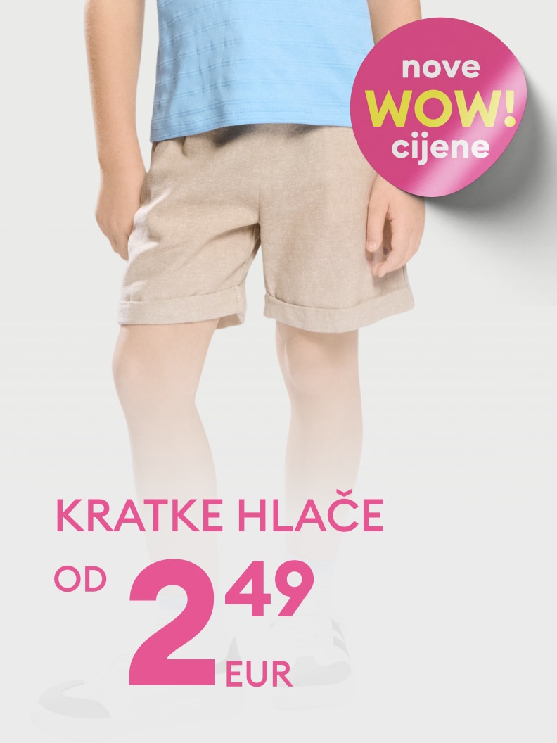 Promotivna ponuda dječjih kratkih hlača s naglaskom na sniženu cijenu i aktualnu akciju.