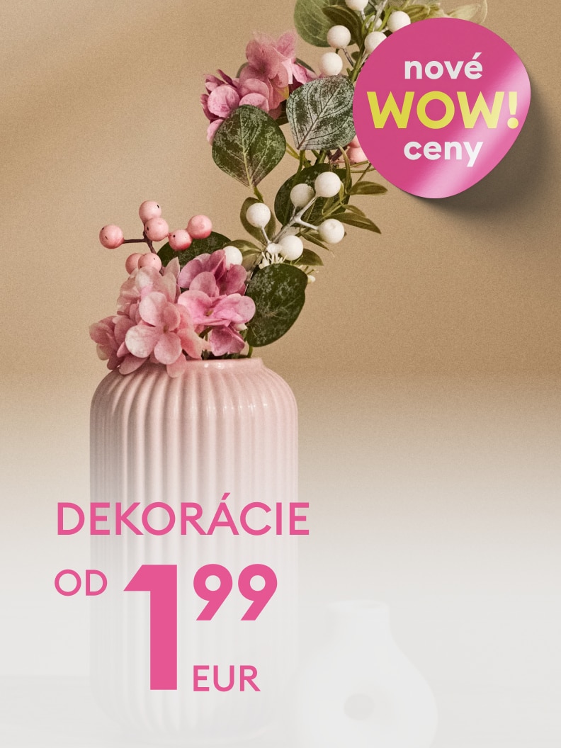 Propagácia dekorácií do domácnosti s cenovou akciou a zdôraznením nových výhodných cien, dostupné už od 1,99 EUR.