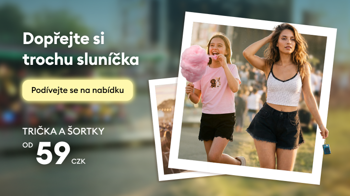 Propagační sdělení podporující letní kolekci triček a šortek pro volný čas a vyzývající k prohlédnutí nabídky s výhodnou cenou.
