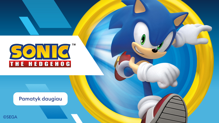 Reklaminis baneris, pristatantis Sonic the Hedgehog personažą ir kviečiantis sužinoti daugiau apie jo nuotykius.
