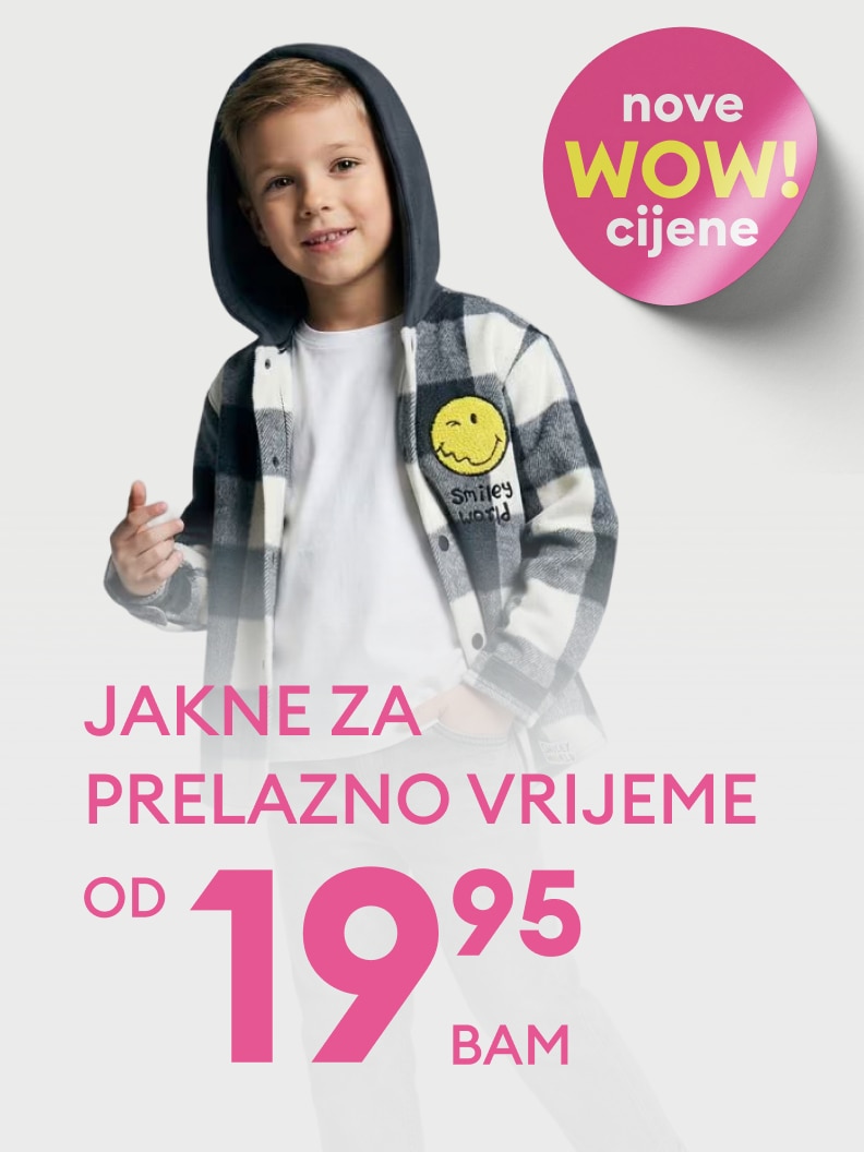 Promotivna poruka o ponudi jakni za prelazno vrijeme s istaknutim sniženjem i povoljnom cijenom.