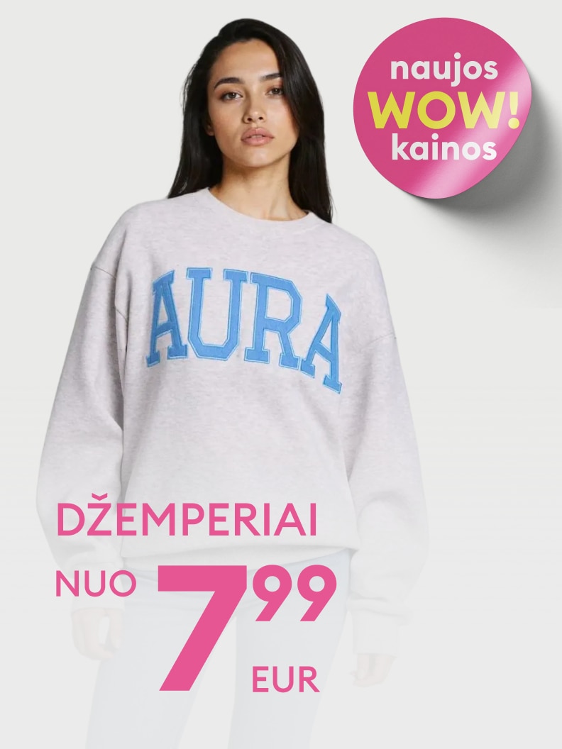 Reklama, skatinanti įsigyti moteriškus džemperius su naujomis akcijinėmis kainomis.