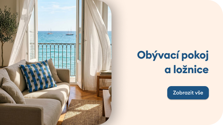Propagační vizuál představující inspiraci a nabídku vybavení pro obývací pokoj a ložnici se zaměřením na pohodlné a útulné bydlení