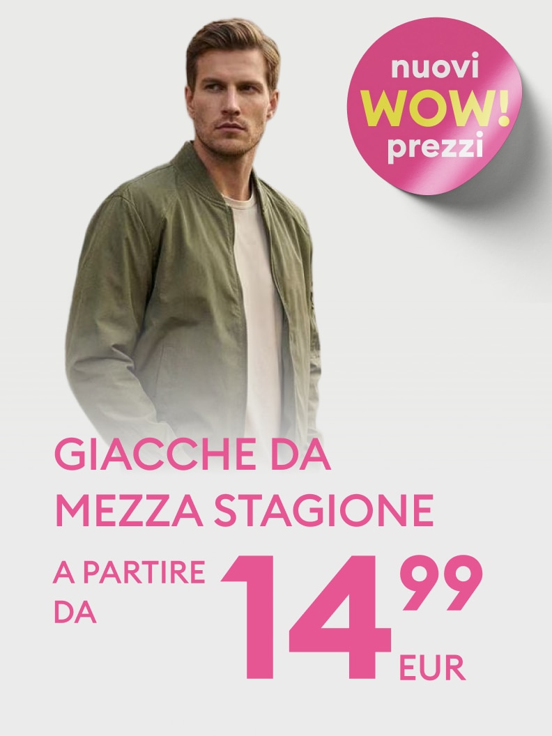 Promozione moda che comunica un’offerta su giacche da mezza stagione con prezzi a partire da 14,99 euro.