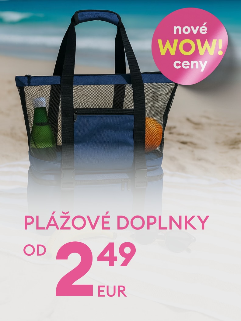 Reklama na plážové doplnky s akciovou ponukou a novými zníženými cenami už od 2,49 EUR.