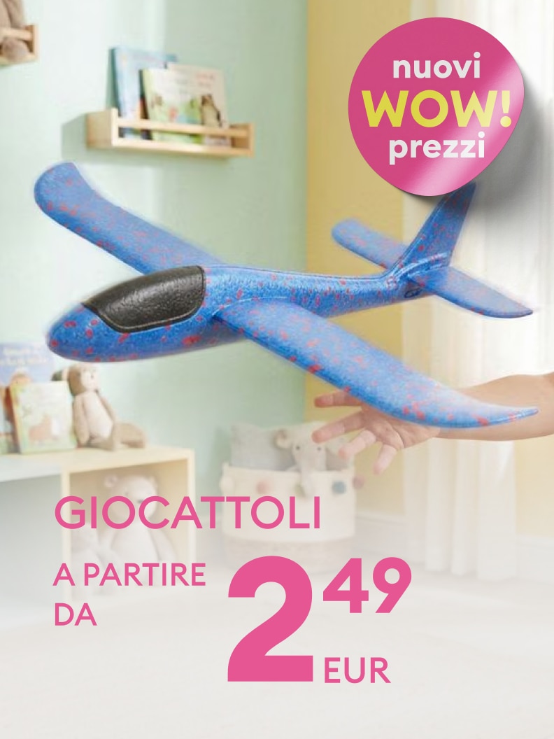 Promozione su giocattoli per bambini, evidenziando un aereo giocattolo e l’offerta di nuovi prezzi convenienti a partire da un importo ridotto.