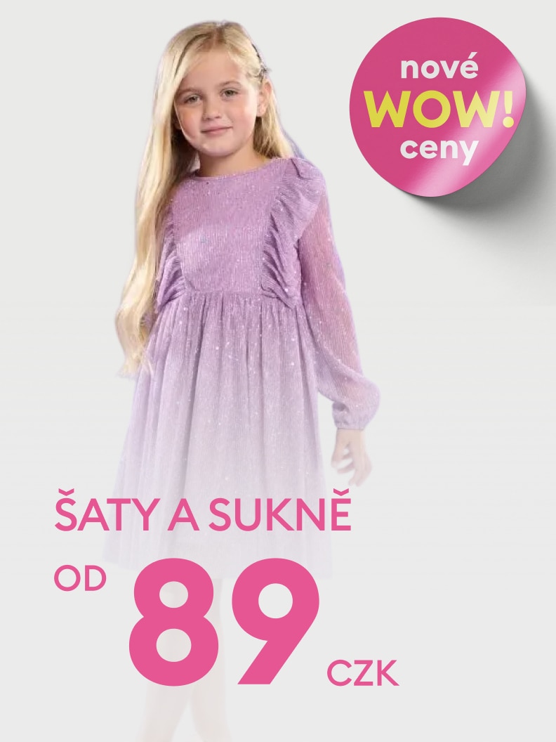 Nová kolekce šatů a sukní za výhodné ceny. Nabídka začíná již od 89 Kč. Výrazný nápis „Nové WOW ceny“ upozorňuje na speciální akční nabídky.