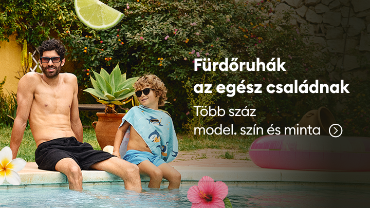 Családi fürdőruha-kínálat népszerűsítése felnőttek és gyerekek számára, sokféle stílussal és mérettel a nyári pihenéshez.