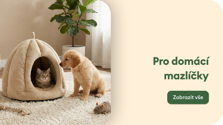 Ilustrační banner představující nabídku produktů a doplňků pro domácí mazlíčky.
