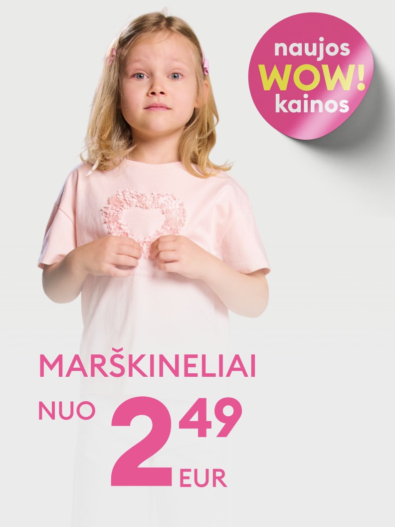 Reklaminė žinutė apie vaikiškų marškinėlių išpardavimą su naujomis kainomis, skatinanti įsigyti prekes nuo 2,49 EUR.
