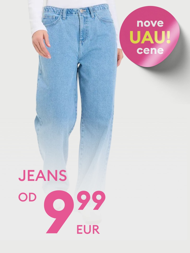 Oglaševanje ženskih kavbojk z ugodno akcijsko ceno, namenjeno pritegnitvi pozornosti in spodbujanju nakupa.