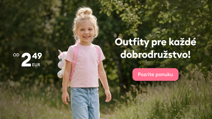 Propagačný banner na detské outfity vhodné na každodenné dobrodružstvá, zdôrazňujúci pohodlie, praktickosť a cenovú dostupnosť.
