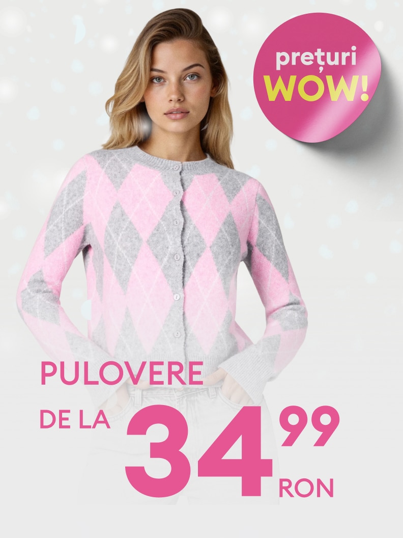 Promocja na swetry. Ceny od 29,99 zł. Grafika informuje o atrakcyjnych, nowych cenach WOW. Produkt prezentowany na zdjęciu ma wzór w romby. Oferta skierowana do osób szukających modnych ubrań w przystępnej cenie.