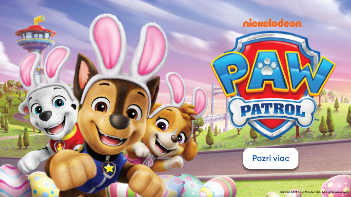 Propagačný vizuál Nickelodeon Paw Patrol s obľúbenými hrdinami vo veľkonočnom motíve, ktorý pozýva objaviť tematický obsah alebo ponuku pre deti.