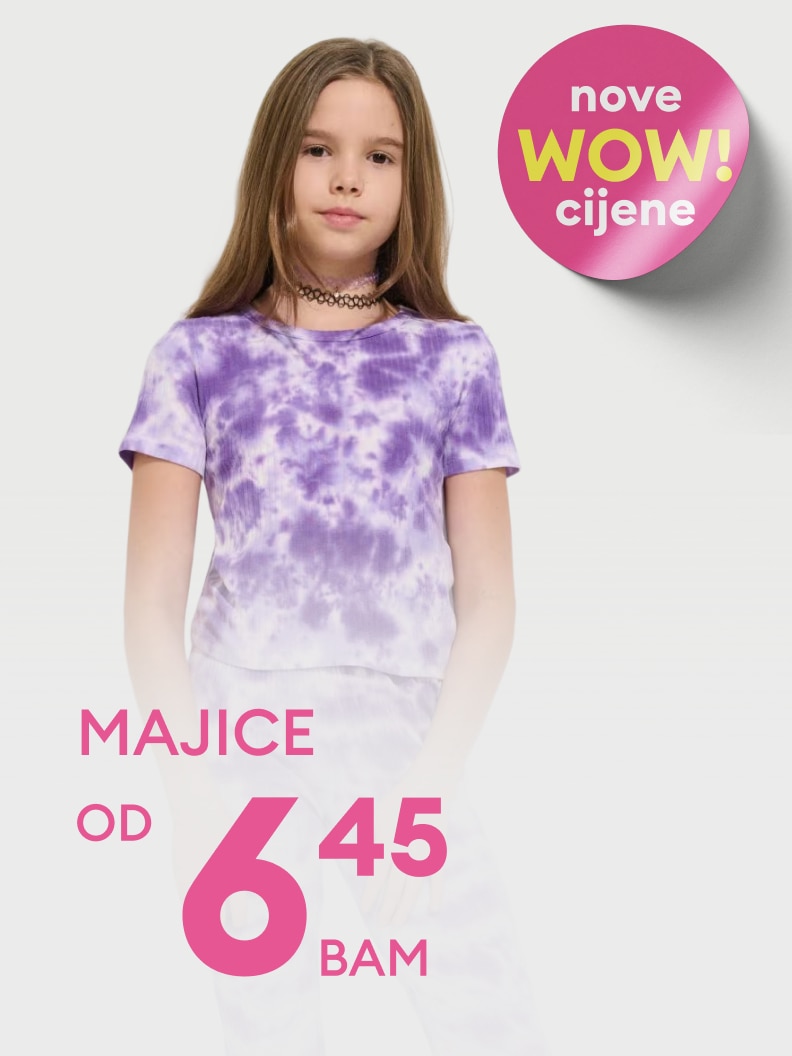 Promotivna poruka o novim sniženim cijenama dječijih majica, s ponudom koja počinje od 6,45 BAM.