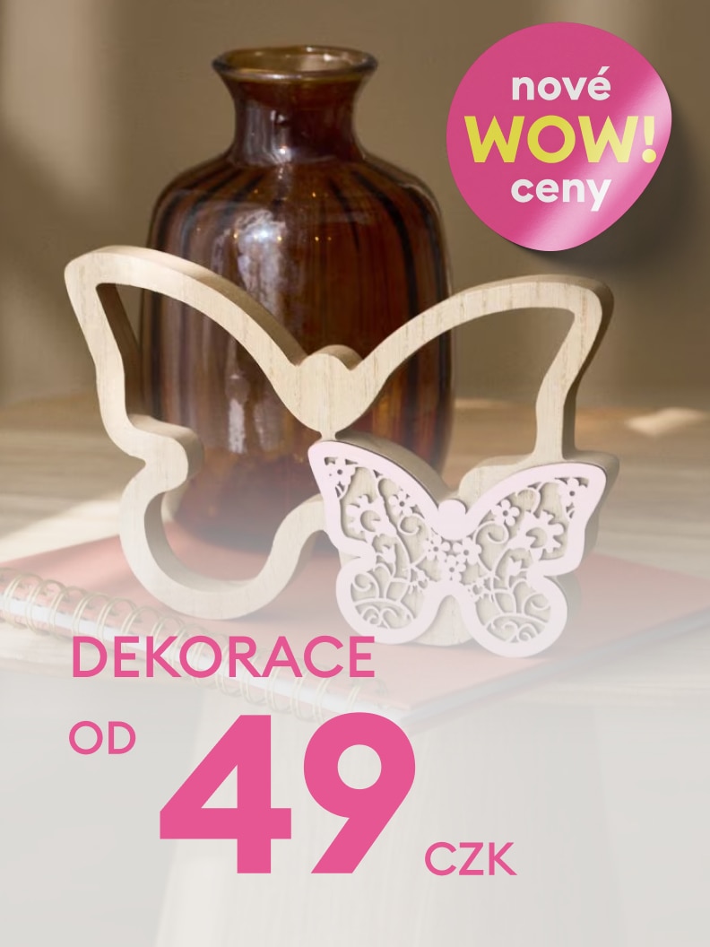 Propagační obrázek upozorňující na cenově dostupné dekorace, zejména dekorativní předmět vhodný do interiéru, s důrazem na výhodnou nabídku a nízkou počáteční cenu.