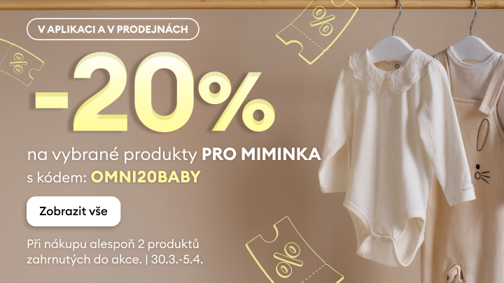 Akční nabídka se slevou 20 % na vybrané produkty pro miminka při nákupu alespoň dvou kusů, dostupná v aplikaci i v prodejnách s použitím slevového kódu.