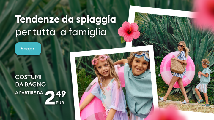 Promozione di costumi da bagno e accessori estivi per tutta la famiglia, con l’obiettivo di ispirare e invitare alla scoperta delle tendenze per le vacanze al mare.
