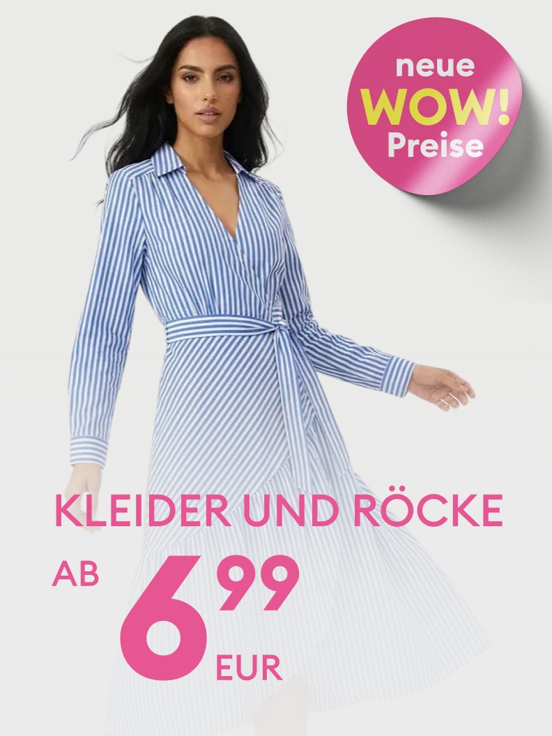 Werbliche Darstellung eines Damenkleids zur Bewerbung von Kleidern und Röcken mit neu reduzierten, besonders günstigen Preisen.