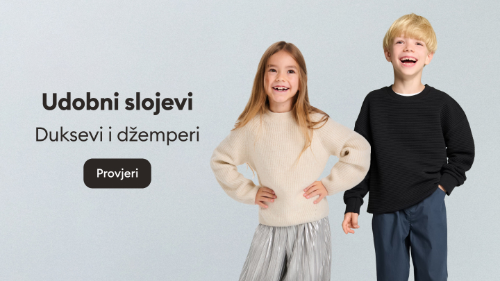 Udobna odjeća za djecu. Ponuda dukseva i džempera s naglaskom na slojevito oblačenje. Na slici se ističe reklama za udobne i praktične komade odjeće, uz opciju za provjeru dostupnih proizvoda.