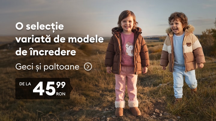 Promovare pentru geci și paltoane de copii la preț redus, potrivite pentru sezonul rece și activități în aer liber.