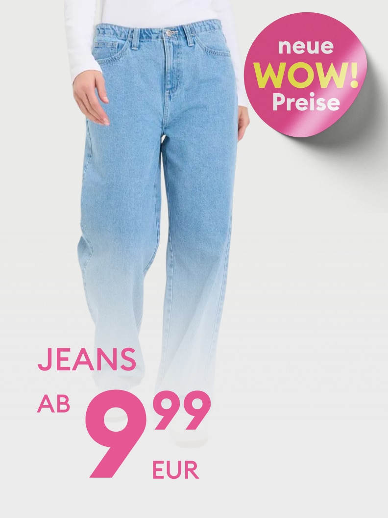 Werbebild für Jeans mit Sonderangebot: neue Aktionspreise, erhältlich ab 9,99 Euro.