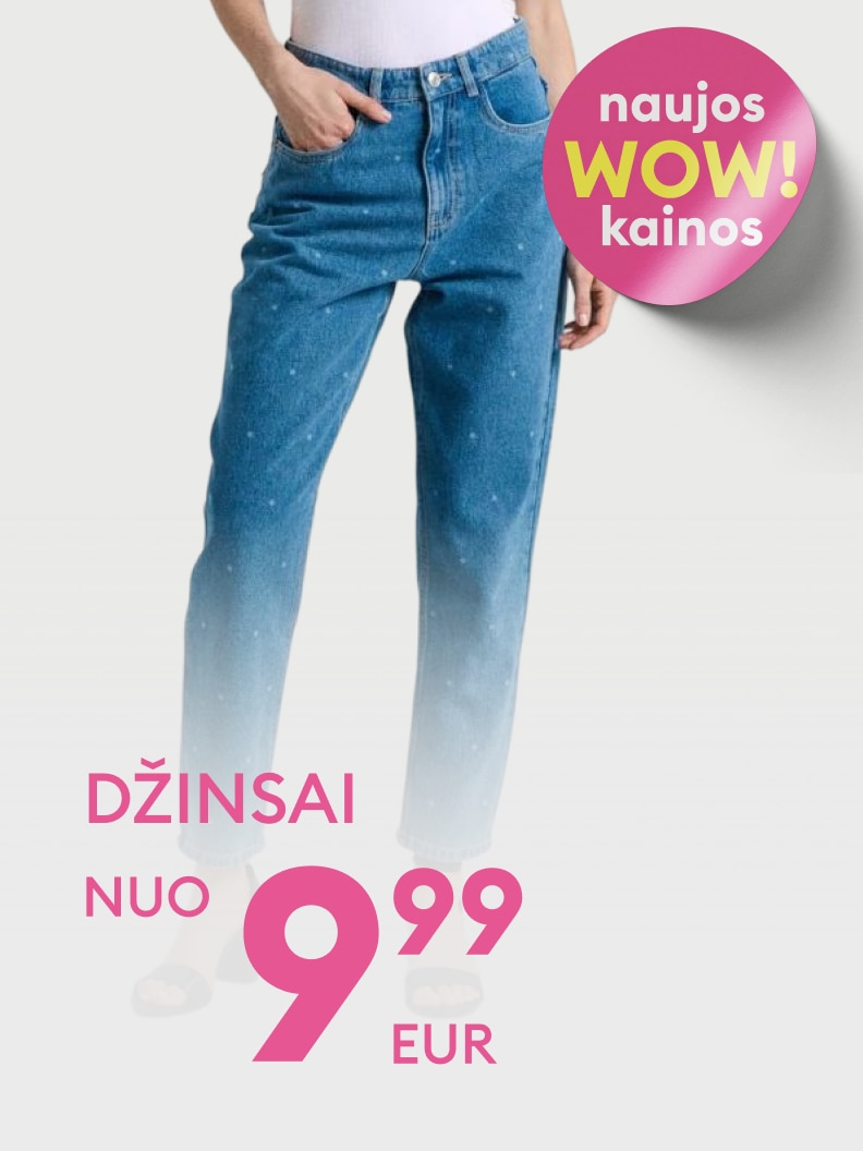 Reklaminis pasiūlymas informuoja apie džinsų išpardavimą su naujomis akcijos kainomis, pradedant nuo 9,99 EUR.