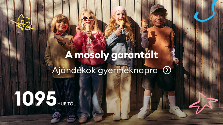 Gyermeknapra szánt ajándékötletek népszerűsítése vidám gyerekekkel, a mosolyt garantáló választék és a kedvező, alacsony induló ár hangsúlyozásával.