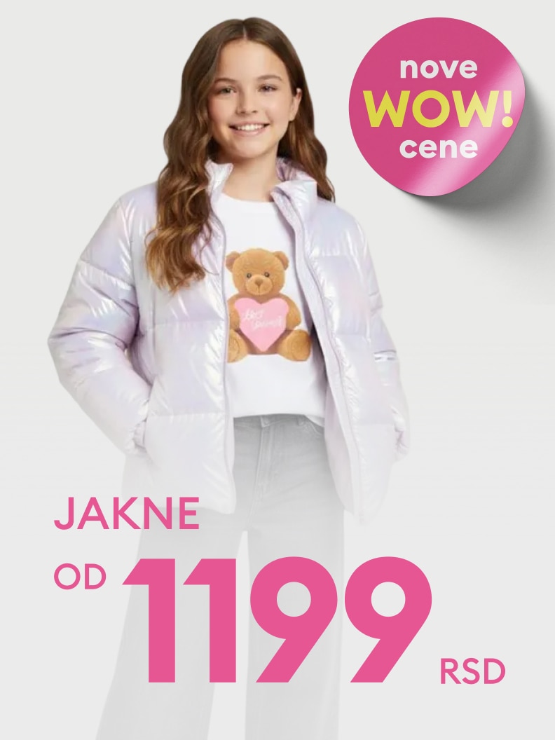 Kurtki od 39,99 zł dostępne w promocyjnej ofercie. Na obrazku widoczna kurtka w jasnym kolorze oraz koszulka z nadrukiem misia trzymającego serce. Obok napis „Nowe WOW! ceny”.