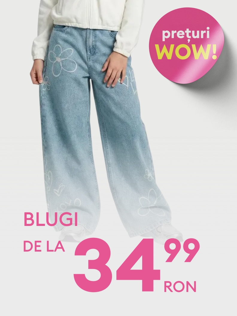 Promovare pentru blugi disponibili la preț redus, evidențiind o ofertă avantajoasă pentru cumpărători.