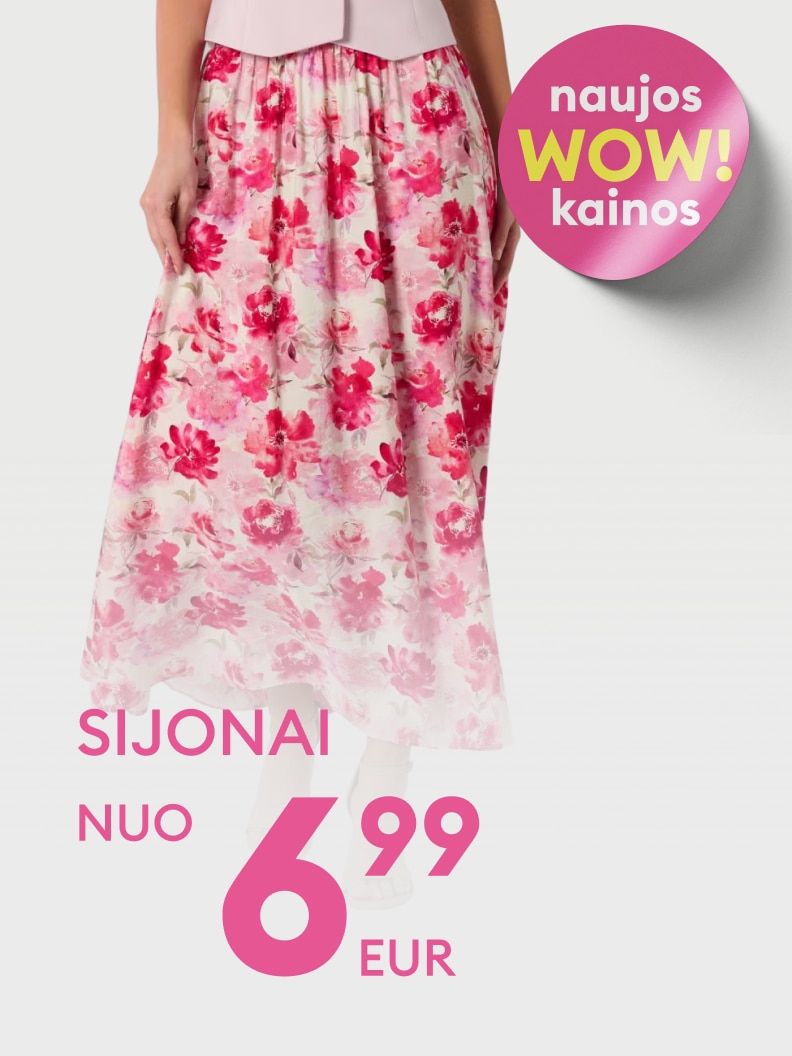 Moteriškų sijonų pasiūlymas su naujomis sumažintomis kainomis, pradedant nuo 6,99 EUR.