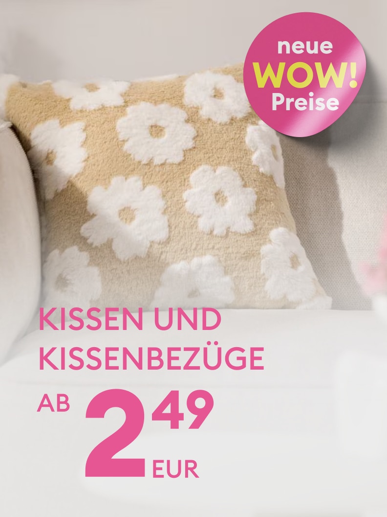 Werbliche Darstellung eines Angebots für Kissen und Kissenbezüge mit neu reduzierten Preisen ab 2,49 Euro.