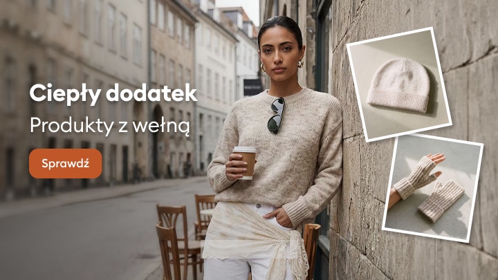 Promocja wełnianych dodatków na chłodniejsze dni, w tym czapki i rękawiczek bez palców, prezentowanych w miejskiej stylizacji.